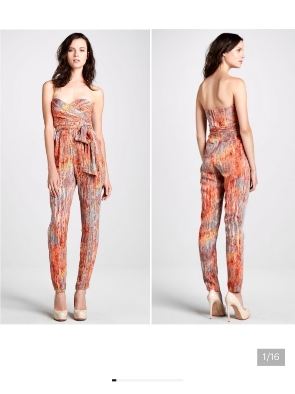 Catherine Malandrino Strapless Orange Multi-Color Jumpsuit Resort Statement